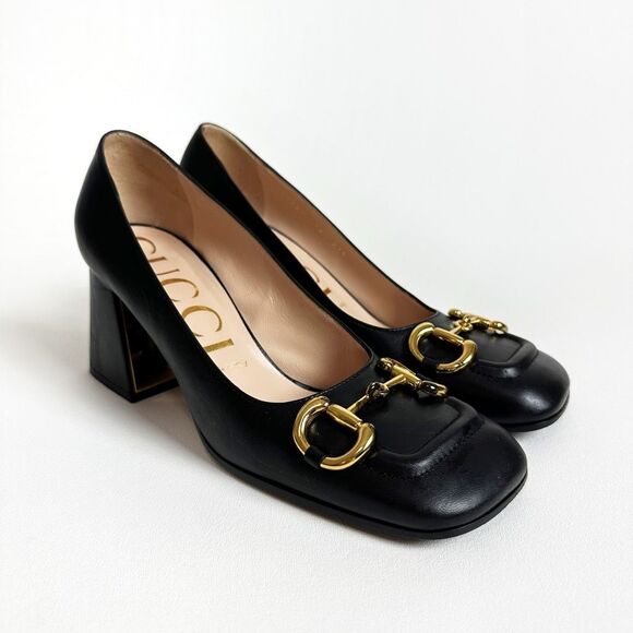 GUCCI Black Baby Bit Horsebit Square Toe Pump 38.5 US 8.5 Leather Block Heel - Picture 6 of 15